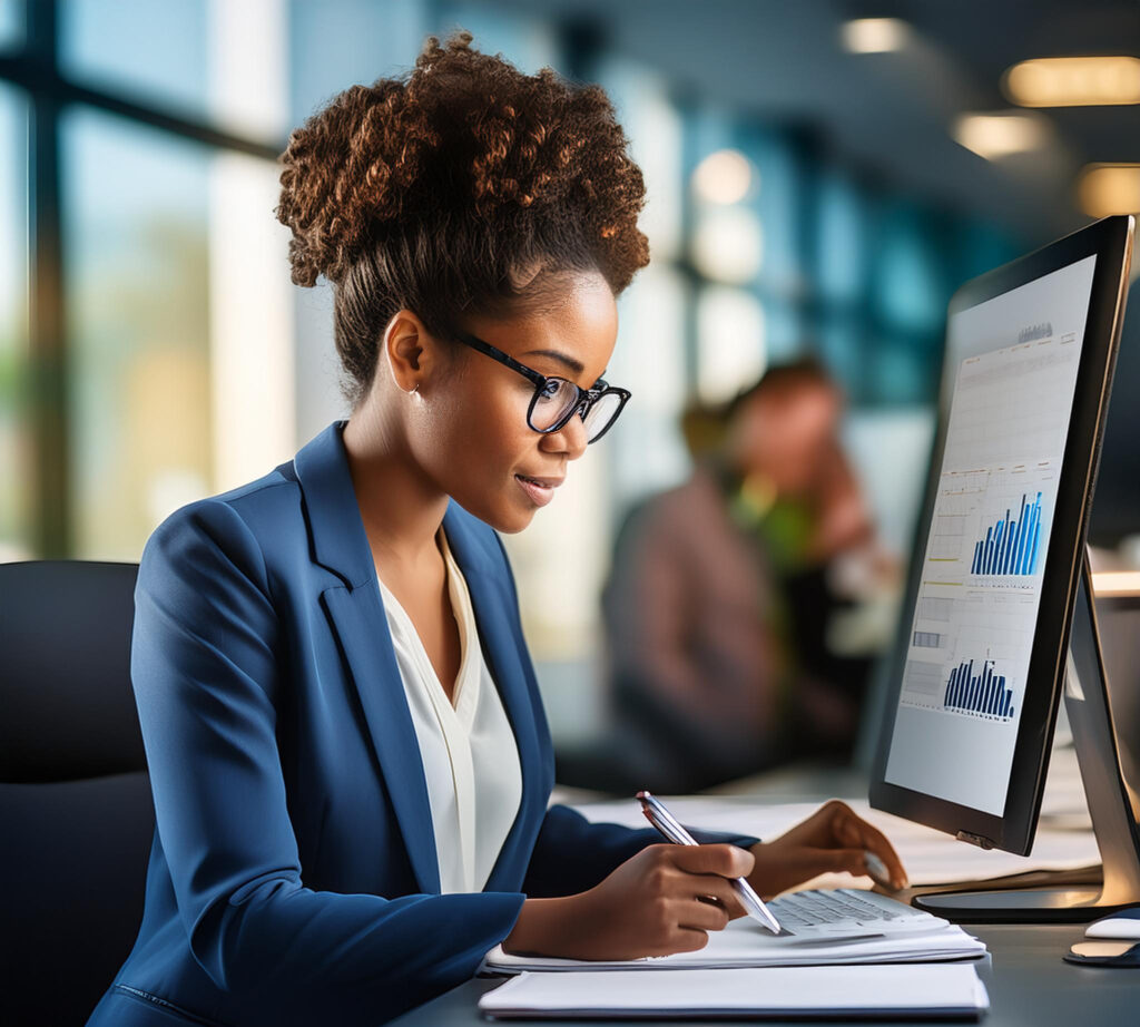 a lady at work compiling accounting reports