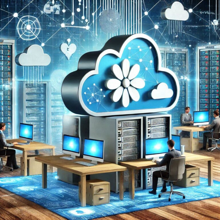 an illustration of a cloud hosting system in an office